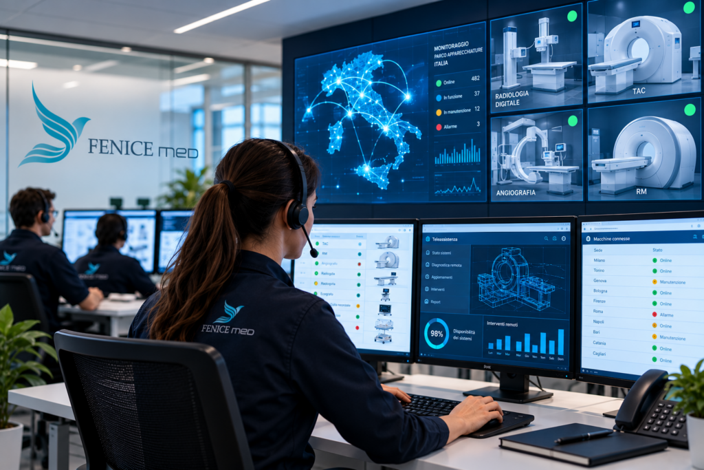 Visual del Remote Engineering Center Fenice Med con postazioni di monitoraggio delle apparecchiature diagnostiche