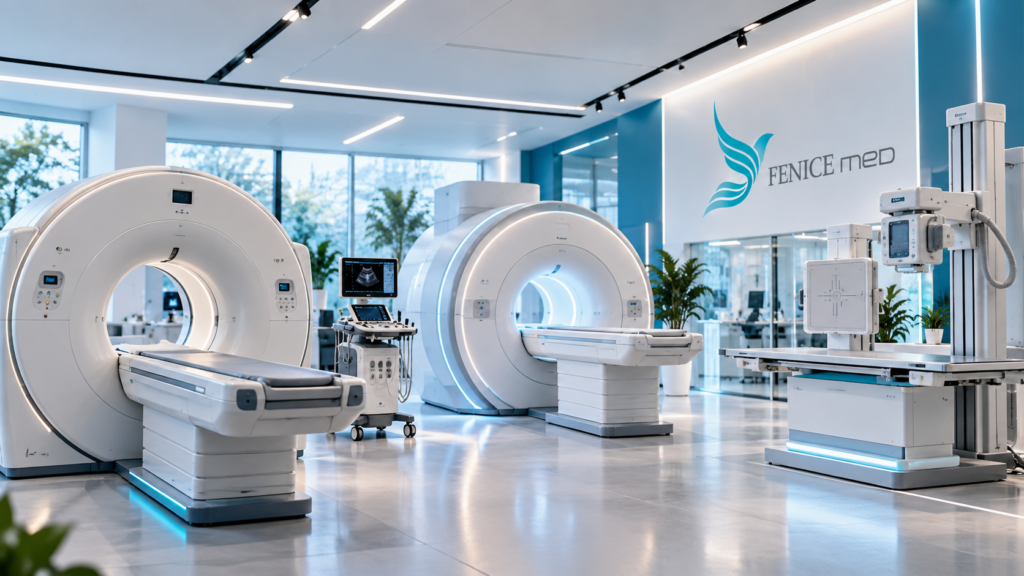 Visual dello showroom Fenice Med con sistemi TAC, risonanza magnetica e radiologia digitale