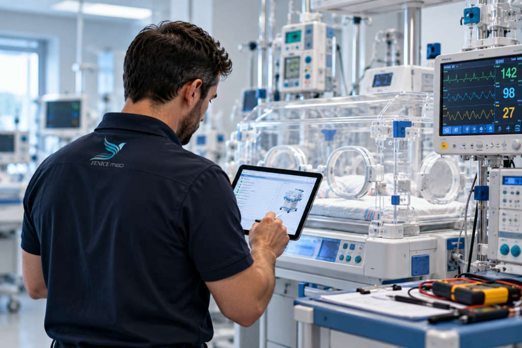 Visual di un tecnico Fenice Med al lavoro su un'incubatrice neonatale